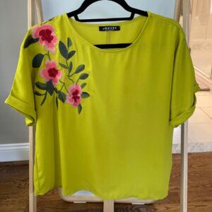 Jeuvre Embroidered Floral Short Sleeve Blouse Top Chartreuse Green Size M